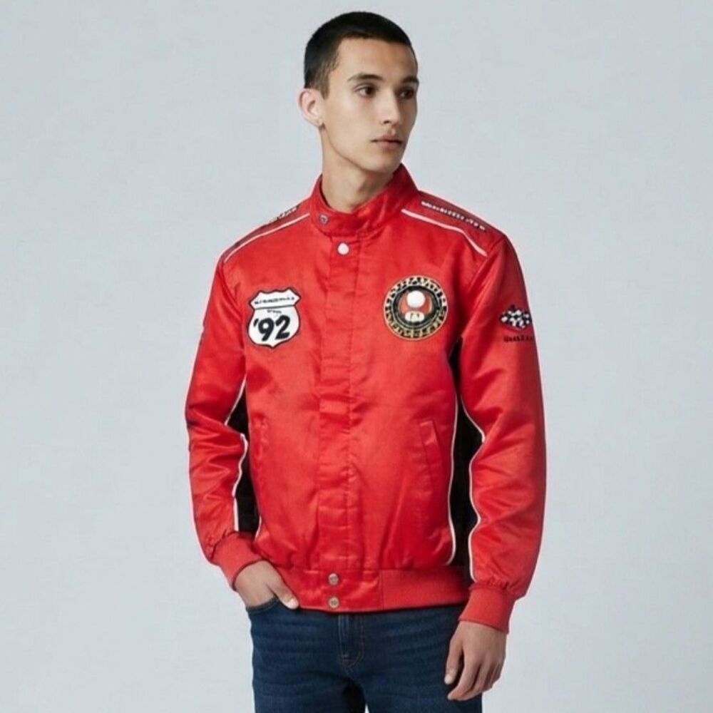 Nintendo Mario Kart Canvas Racing Jacket Red Bomber Moto Pit Crew Gamer Men's XS